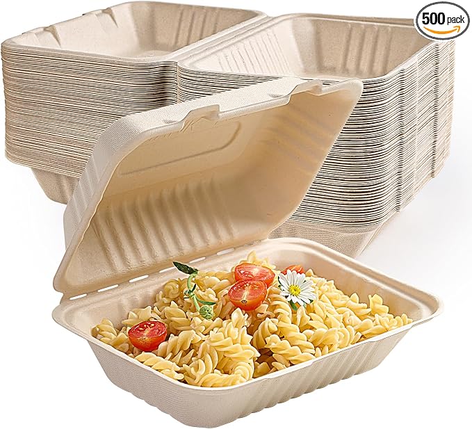 ECOLipak 500 Pack Clamshell Take Out Food Containers, 100% Compostable Disposable To Go Containers, 9X6 inch Heavy-Duty To Go Boxes for Food