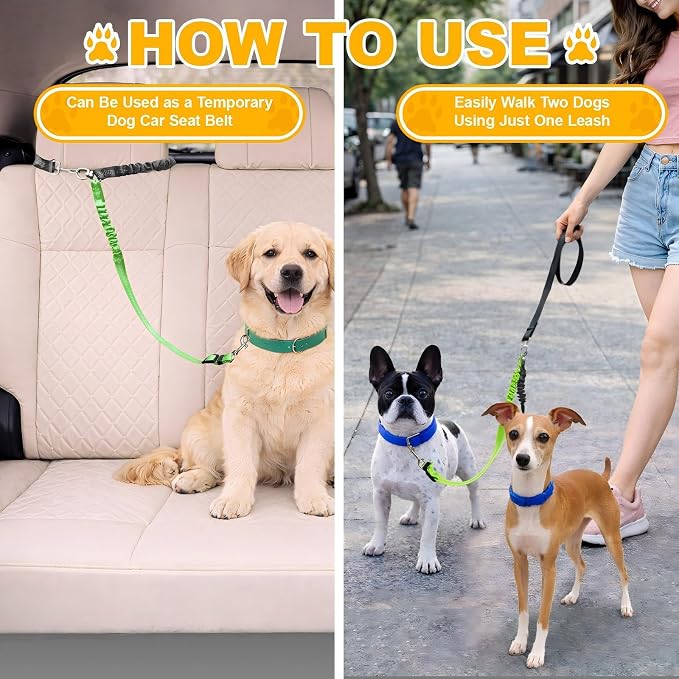Double Dog Leash for Two Dogs, Professional No Tangle 360° Swivel Coupler with Shock Absorbing Bungee, Adjustable Length Dual-Sided Reflective Two Dogs Lead Splitter for Small Medium Large Dog
