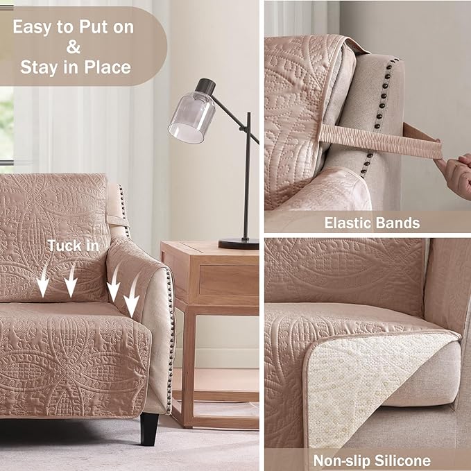 Quilted Recliner Chair Covers, Water-Repellent Recliner Slipcovers, Recliner Covers Stay in Place, Pet Friendly Recliner Cover for Dogs, Washable Couch Protector (Recliner 22", Dusty Pink)