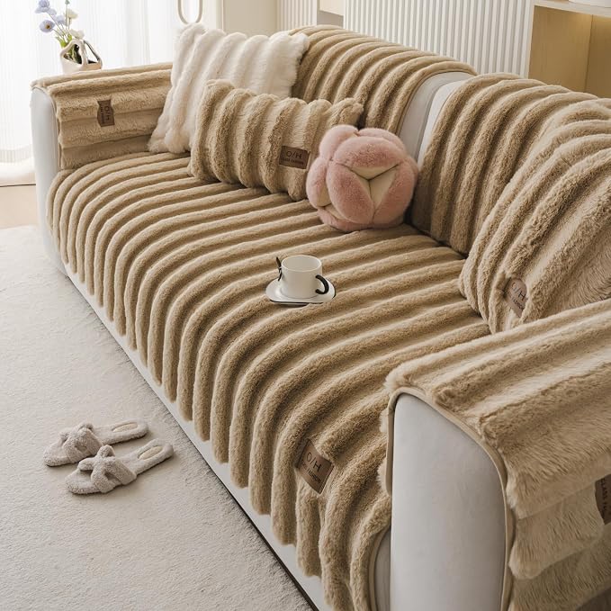 Fuzzy Rabbit Plush Sofa Cover Thick Soft Fur Sectional Couch Cover Furry Fluffy Cushion Cover Non-Slip Sofa Slipcovers Vertical Stripe Furniture Protector for Dogs Cats(Coffee,28"x47")