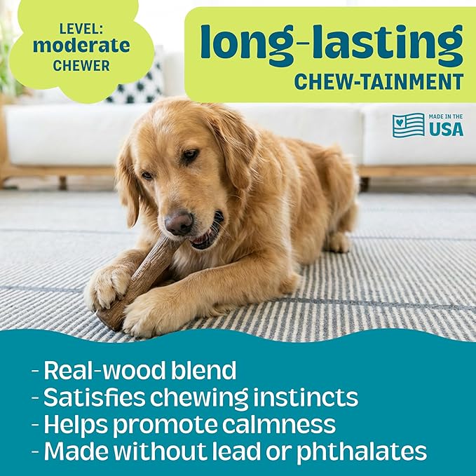 Pupstages Dogwood Dog Chew Toy, Made in the USA – Real-Wood Blend, Natural Flavor & Texture, Moderate Chewers, Large, 8"
