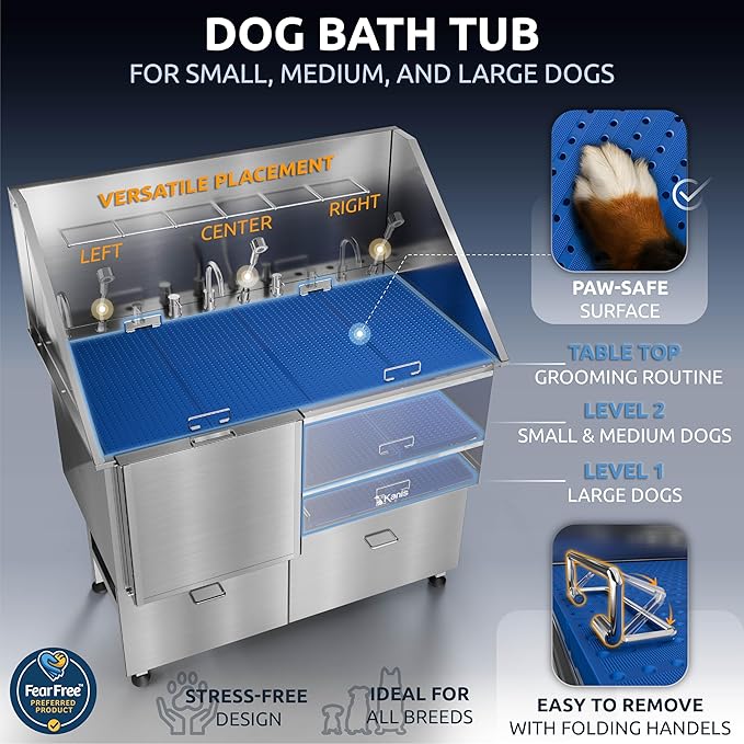 KANIS Professional Dog Washing Station 304 Stainless Steel Pet Wash Sink & Grooming Bathtub w/Shower, Floor Grates and Storage for Large, Medium & Small Pets (Silver, 50 Inches, Left Ramp, 2 Drawers)