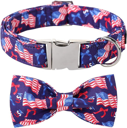 Maca Bates American Flag 4th of July Dog Collar with Bow Tie for Dogs Bowtie 4 of 7 Flags Blue Adjustable Durable Patriotic Collars USA Independence Day Gift for Small Medium Large XL Boy Girl Puppy