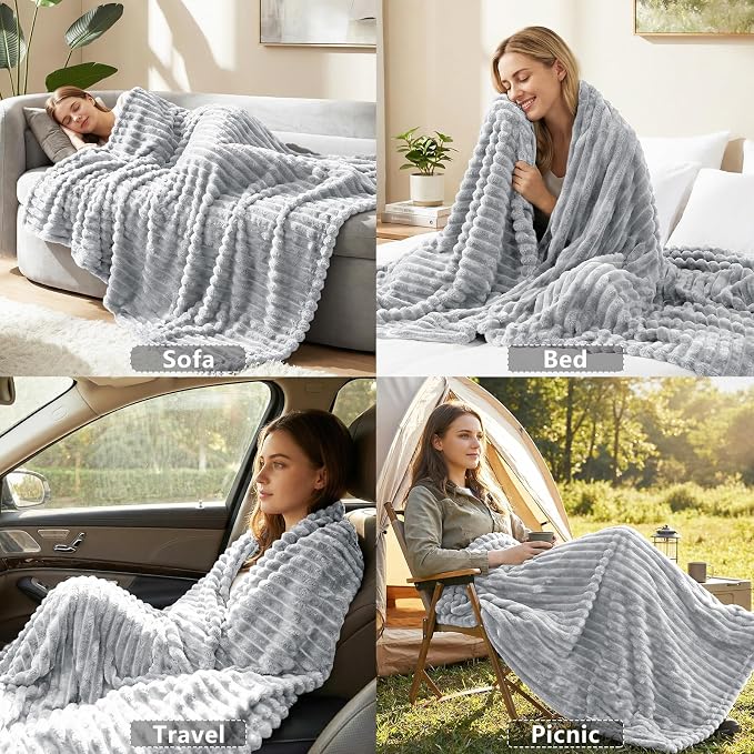 HIMEET Fleece Light Grey Full Size Blanket for Bed - 300GSM Ribbed Soft Cozy Bedding Blanket, New Home Birthday Gifts for Women Men Teens, College Dorm Essentials Bedroom Decor Throws, 84x90 Inches