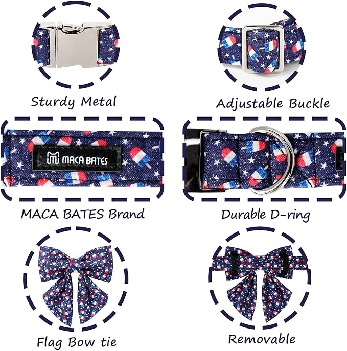 Maca Bates American Flag 4th of July Dog Collar with Sailor Bow 4 of 7 for Dogs Adjustable Durable Icecream Patriotic USA Collars Summer Independence Day for Small Medium Large XL Boy Girl Puppy