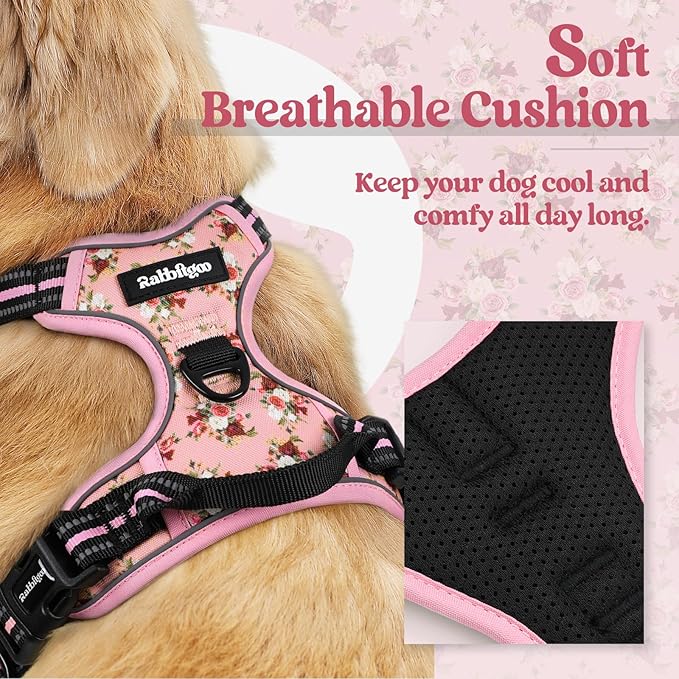rabbitgoo Dog Harness No Pull with 2 Leash Clips, Adjustable Soft Padded, Reflective Oxford No Choke Pet Vest with Easy Control Handle for Large Dogs, Pink Rose, L