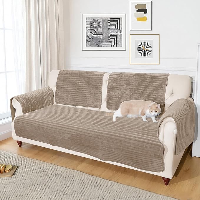 NAISI Couch Covers for Dogs Waterproof Flannel Striped Sofa Cover Pet Friendly Washable Dog Mat for Couch Anti Slip Sectional Sofa Slipcover Protector(1pc/35"x 82",Khaki)
