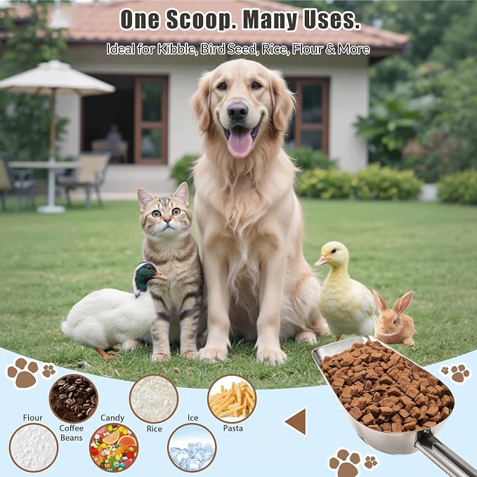Dog-Cat Food Scoop 3/4 Cup / 6oz, Aloxina Thickened 304 Stainless Steel Pet Food Scoop with Long Handle, Precision Scale, Easy to Clean, Suitable for Wet and Dry Food