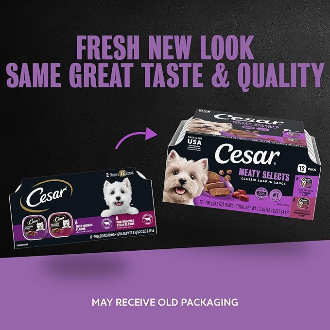 Cesar Classic Loaf in Sauce Adult Wet Dog Food, Filet Mignon Flavor and Porterhouse Steak Flavor, 3.5 oz. Easy Peel Trays, Variety Pack (12 Count Pack of 2)