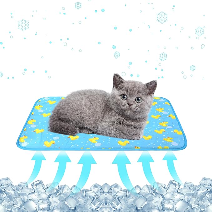 DELIFUR Cat Cooling Mat- Pet Cooling Mat Outdoor for Dogs Self Cooling Pad for Kitten Cat Puppy Machine Washable (Small, Blue Duck)
