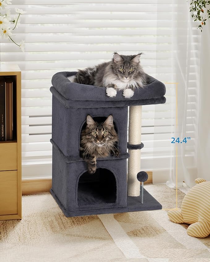 Aechonow Cat Tree for Large Cat, 19x16.5In Large Cat Perch, Adult Cat Tower for Indoor Cats with 24In Long Scratching Post, 2 Cozy Cat Condo House for Adult & Fat Cats, Dark Gray