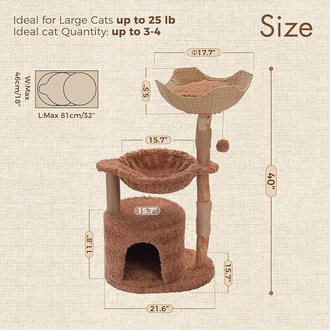 PAWZ Road Modern Cat Tree with Natural Solid Wood Scratching Post, 40 Inches Cat Tower with Large Wicker Basket,Spacious Hammock,Luxury Condo for Indoor Cats，Brown