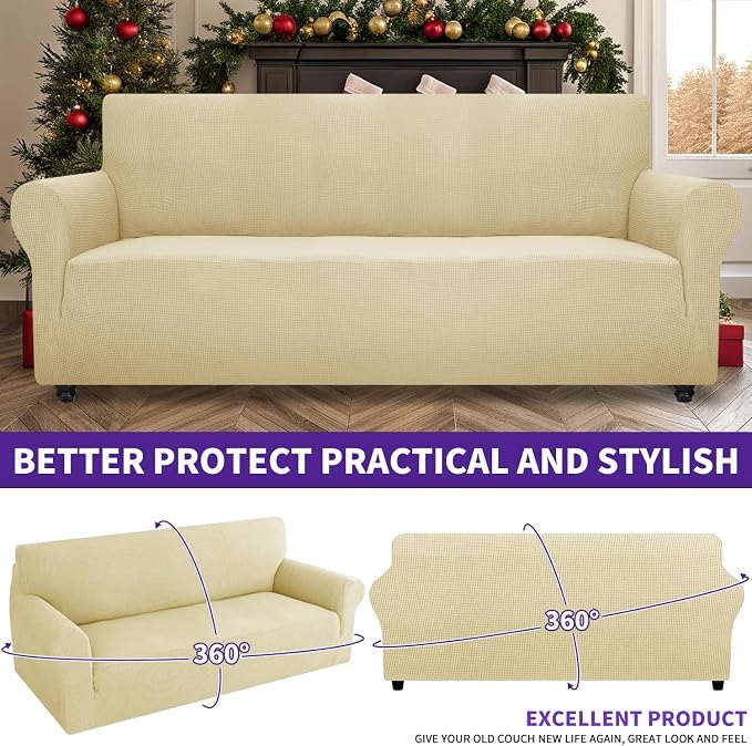ZNSAYOTX Stretch Oversized Couch Cover Universal Sofa Covers for Living Room Dogs Pet Furniture Protector Spandex Extra Large Sofa Slipcovers with Anti Slip Foam Sticks (Beige, XL Sofa)