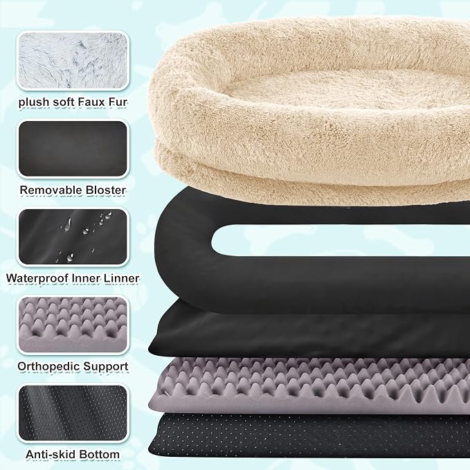 YAEM Human Dog Bed for Adult and Pets - 71"x45"x12" Washable Faux Fur People Dog Beds for Humans, Orthopedic Human Sized Pet Bed with Plump Pillow, Blanket, Beige