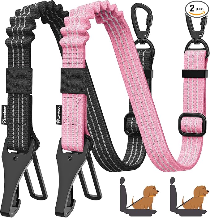 Pawaboo 2Pack Dog Seatbelt for Car, 3-in-1 Dog Car Seat Belt, Shockproof Dogs Tether with Buckle & Hook Latch, Adjustable Reflective Dogs Cars Leash with 360° Lockable Buckle, Light Pink + Black