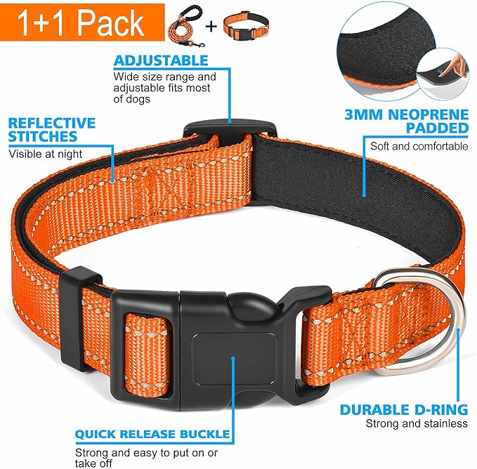 Ladoogo Reflective Dog Collar Padded with Soft Neoprene Breathable Adjustable Nylon Dog Collars for Small Medium Large Dogs (Large (Pack of 1), Orange Collar+Leash)