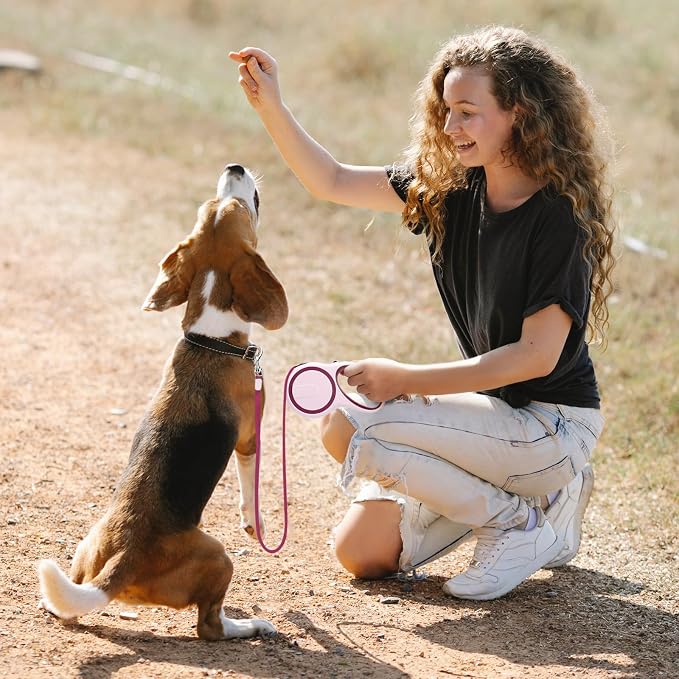 Segarty Dog Retractable Leash, 16ft Heavy Duty Walking Dog Leash for Medium Small Pet up to 44lb, Anti-Slip Handle 360°Tangle-Free Nylon Tape, 1-Handed 1 Button Lock and Release (Pink Wine)