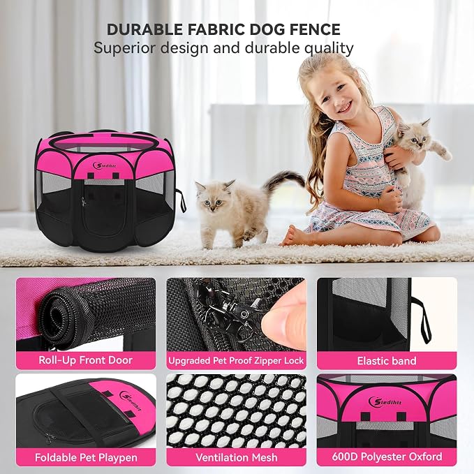 Siedihit Dog Playpen, Puppy Pet Playpens Indoor for Small Dogs Tent Crates Cage Indoor/Outdoor, Portable Pop Up Dog Kennel Playpen with Carrying Case for Dogs/Cats/Rabbits, Hot Pink
