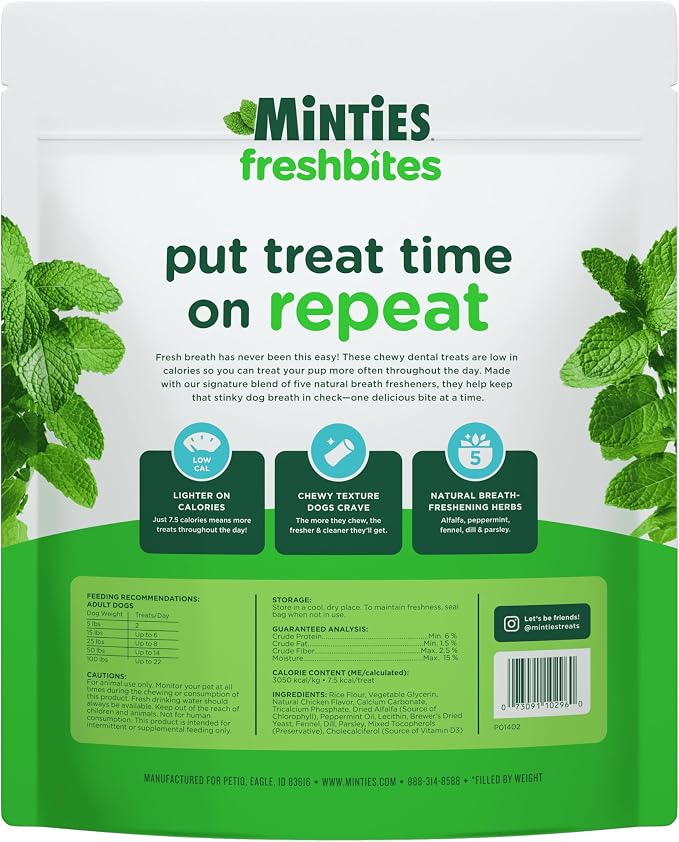 Minties FreshBites Soft and Chewy Dental Treats, Low Calorie Natural Mint Flavored Dental Chews for Dogs, 100 Count, Dog Chews Clean Teeth, Fight Bad Breath, Removes Plaque and Tartar