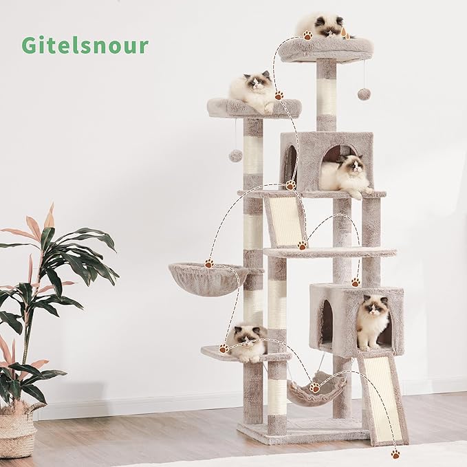 Gitelsnour Cat Tree for Indoor Cats, 71'' (180cm) Multi-Level Cat Tower for Large Adult, Sturdy Cat Tree House with 2 Scratching Boards 7 Posts, 2 Plush Perches/Condos, Hammock, Muchroom GCT032MU