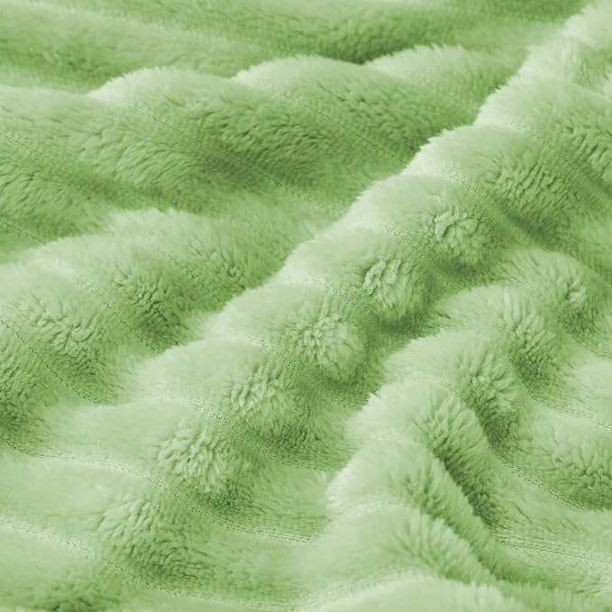 Bnuitland Light Green Flannel Throw Blanket, 300GSM Super Soft Fleece Stripe Pattern Sofa Blanket for Babys and Kids, Lightweight Cozy Bed Throw for Home Decor All Season