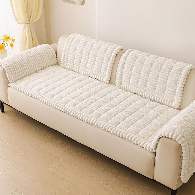 hyha Couch Cover for Dogs Washable, Non Slip Thick Flannel Sofa Protector, Pet Friendly Plush Furniture Cover for Sectional Sofa & Loveseat (White, 43" x 63")