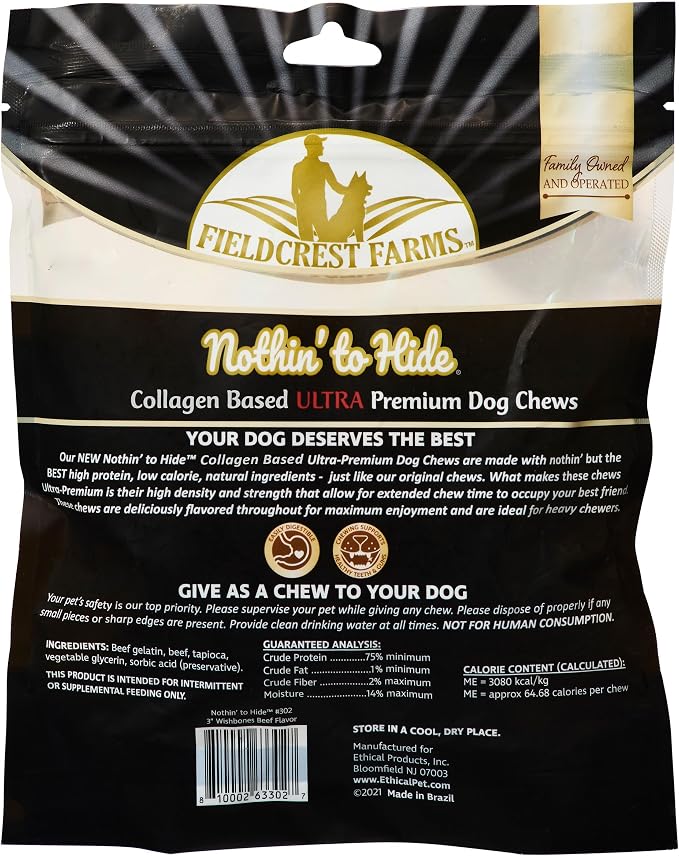 Fieldcrest Farms Nothin' to Hide 3-inch Ultra Wishbones Treats - Natural Rawhide Alternative Treats for Dogs, Collagen Based Snack for Heavy Chewers up to 15lbs - Beef Flavor, 12 Pack