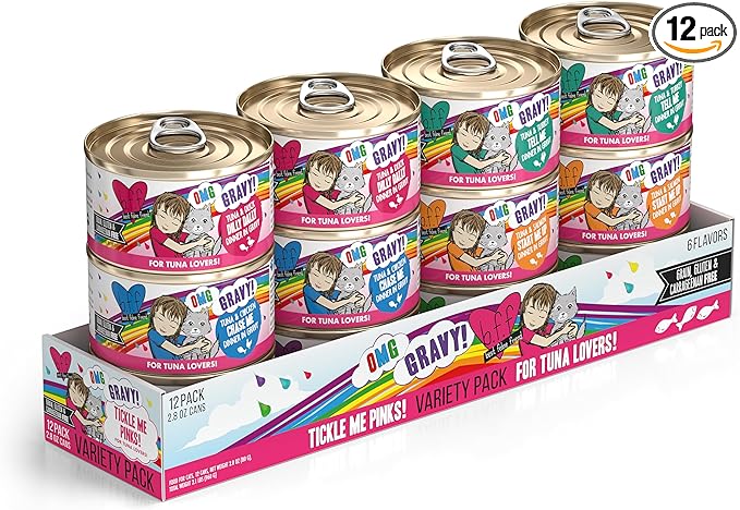 Weruva B.F.F. OMG - Best Feline Friend Oh My Gravy!, Tickle Me Pinks! Variety Pack, 2.8oz Can (Pack of 12)
