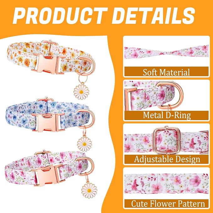 3 Pack Floral Dog Collars for Small Dogs Flower Dog Collars with Pendant for Girl Female Dogs Cute Puppy Pet Collar