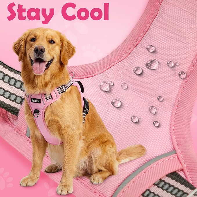 Funfox Dog Harness No Pull, Adjustable Pet Vest Harness, Super Soft Material with Vertical Handle Easy Control, Reflective Night Walking, 2 Leash Clips for Medium Sized Dogs, Pink, M