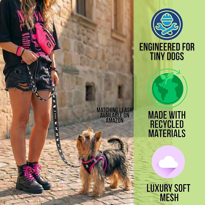 EcoBark Teacup Dog Harness - Luxury Step in Dog Harness in Black & Pink - Soft & Secure Body Halter Vest - Reflective Halter Vest