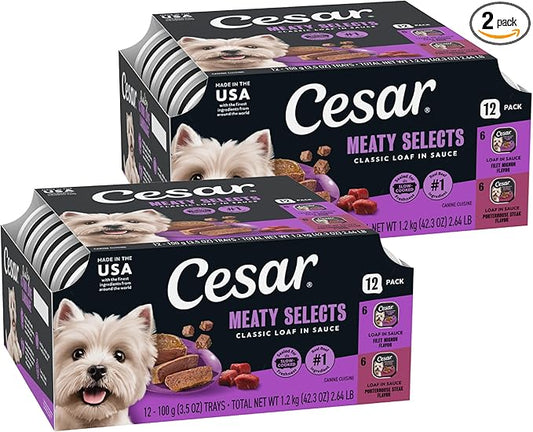 Cesar Classic Loaf in Sauce Adult Wet Dog Food, Filet Mignon Flavor and Porterhouse Steak Flavor, 3.5 oz. Easy Peel Trays, Variety Pack (12 Count Pack of 2)