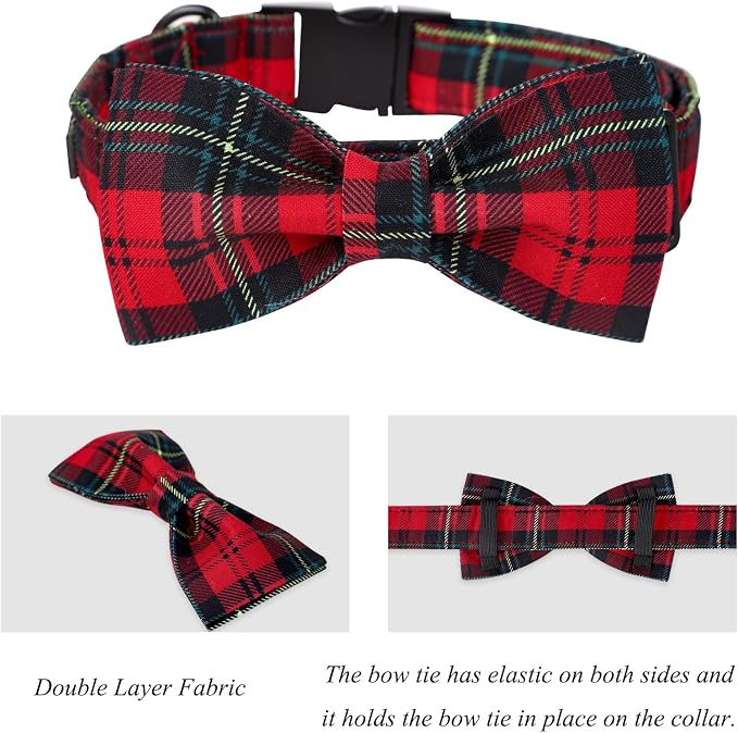 Lionet Paws Christmas Dog Collar with Bowtie, Dog Bowtie Collar with Metal Buckle for Dogs, Adjustable Comfortable Dog Collar Girl Boy Gift, M, Neck 13.5-22 in