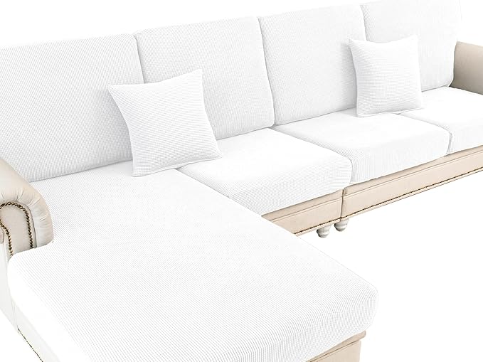 LA MEACK Couch Cushion Cover Chaise Lounge Cover Washable Separate Seat Chaise Couch Cover Stretch Sectional Sofa Slipcover(1 Piece for Chaise or Sofa 3-Seater, White)