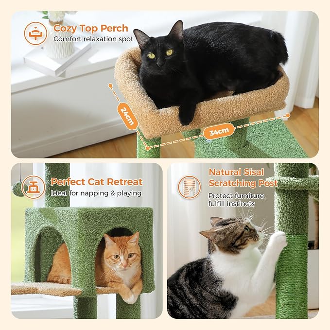 MUTTROS Cactus Cat Tree for Indoor Cats, 44.5" Multi-Level Cat Tower with Large Metal Frame Hammock, Cat Condo with 2 Scratching Posts and Top Perch for Small to Medium Cats, Green