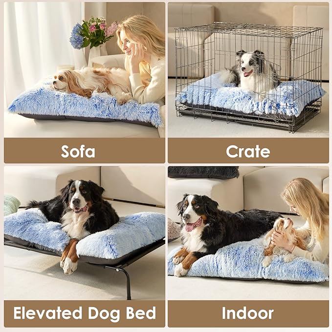 EHEYCIGA Fluffy Dog Crate Bed for Extra Large Dogs, Plush Faux Fur Crate Pad, Calming Anti Anxiety XL Dog Bed, Washable Soft Warm Mat with Non-Slip Bottom, Blue
