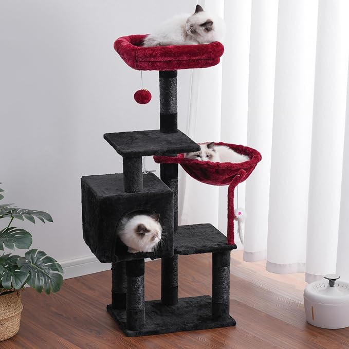 Heybly Cat Tree with Toy, Cat Tower condo for Indoor Cats, Cat House with Padded Plush Perch, Cozy Hammock and Sisal Scratching Posts, Black and Red HCT004SBR