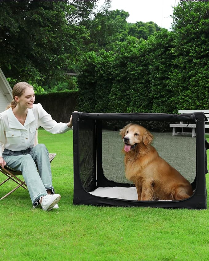 Veraste 42" L x 31" W x 31" H Collapsible Travel Dog Crate, Quick-Setup Portable Soft Dog Kennel for Large Dogs up to 90 lbs, 4-Door Foldable Travel Crate with Storage Bag, Black
