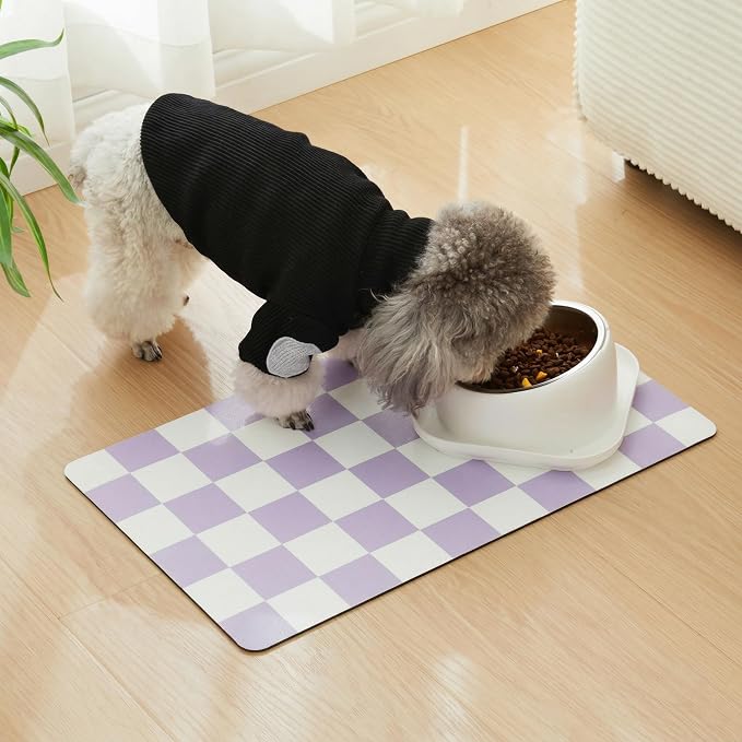 Checkered Dog Feeding Mat, Absorbent Mats for Dog Food and Water Bowl, Dispenser, Aesthetic Purple Checkerboard Pet Placemat for Dogs, Cats, Puppy Accessories (Purple, 16 x 24)