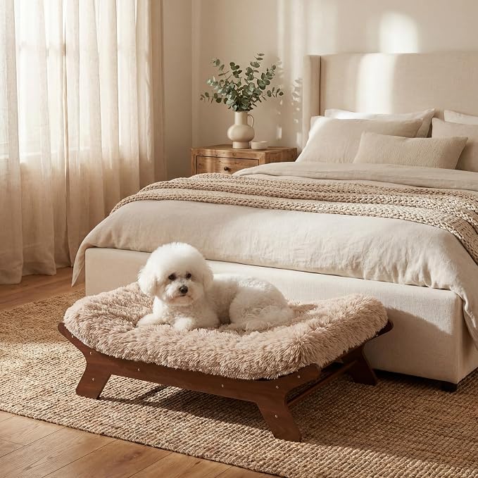 Muihood Wood Elevated Dog Bed Frame and Egg Crate Foam Mattress, Luxurious Suitable for Pets Up to 60 lbs, Walnut Grain Pattern, M