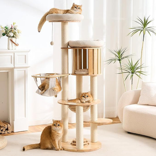 HITTITE Solid Wood Cat Tree Tower with Scratching Post, 61 Inches Tall Cat Towers with Capsule and Condo, Modern Cat Tower with Hammock and Removable Top Bed for Indoor Cats.White