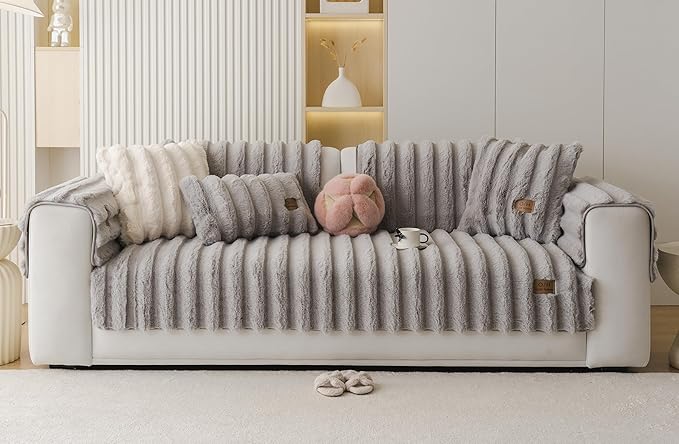 Fuzzy Rabbit Plush Sofa Cover Thick Soft Fur Sectional Couch Cover Furry Fluffy Cushion Cover Non-Slip Sofa Slipcovers Vertical Stripe Furniture Protector for Dogs Cats(Light Grey,36"x28")