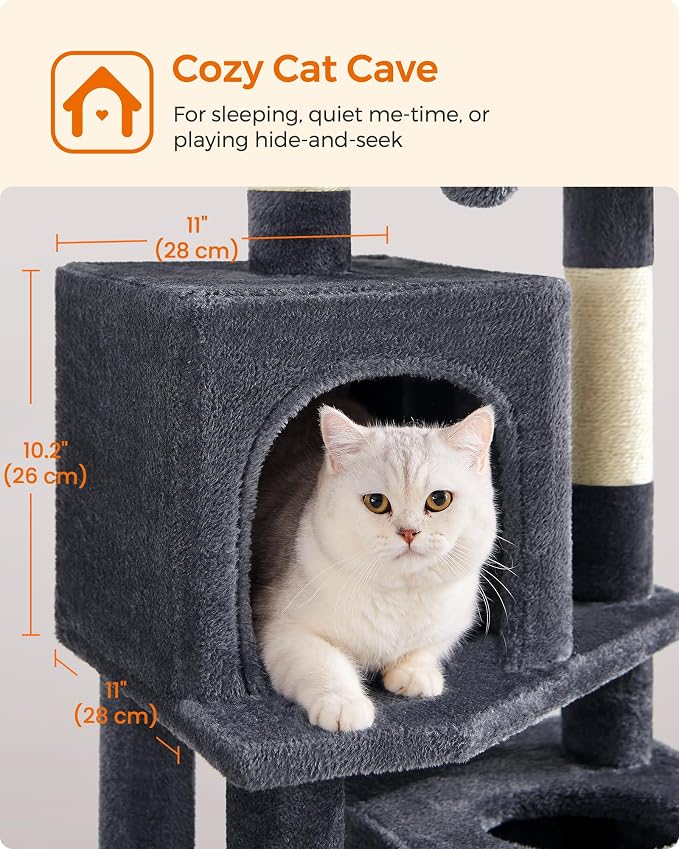 Feandrea Cat Tree, 59.5-Inch Tall Cat Tower, Plush Multi-Level Condo with 5 Scratching Posts, 2 Perches, 2 Caves, Hammock, 2 Pompoms, Smoky Gray UPCT192G01
