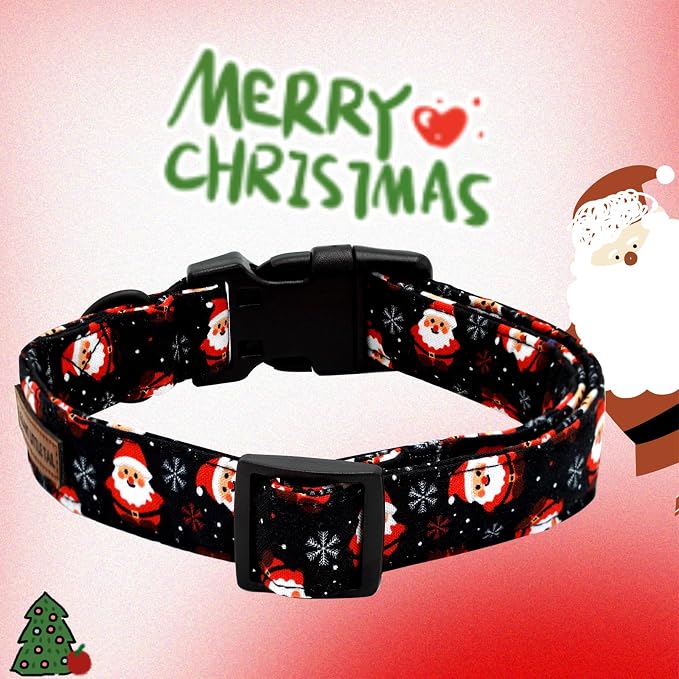 Elegant little tail Christmas Dog Collar, Santa Claus Print Pet Collar Cotton Soft Plastic Buckle Sturdy Puppy Collars Holiday Female or Male Adjustable Collar for Small Puppy