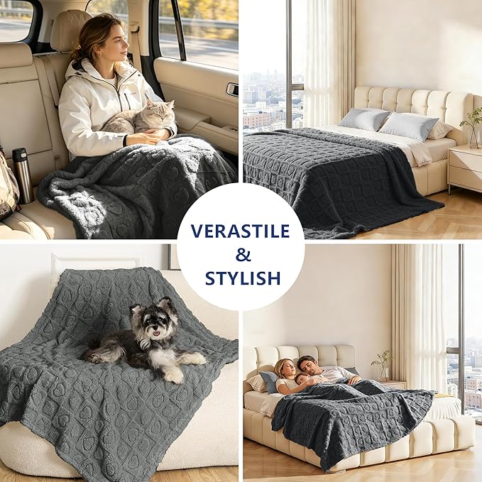 gogobunny Large Pet Blanket for Dogs Cats, Ultra Soft 300GSM Coral Fleece Washable Furniture Protector for Couch Bed Car Seat, Calming Crate Mat Blanket for Large Breeds, Grey, 50x60IN