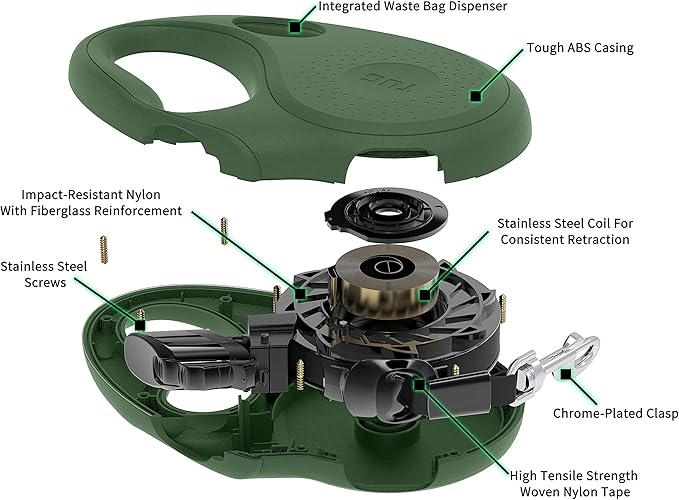 TUG Oval 360° Tangle-Free Retractable Dog Leash with Integrated Waste Bag Dispenser (Medium, Green)