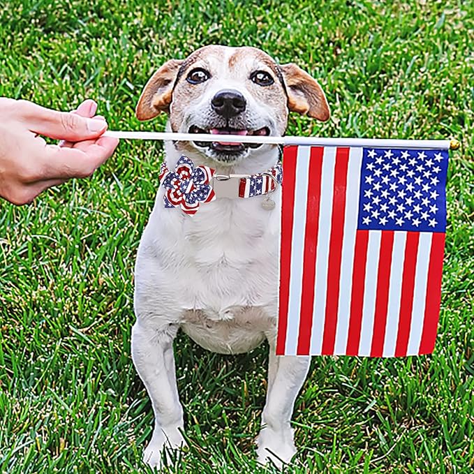 Dog Collar with Flower, 4th of July Comfortable Cotton Dog Collar, American Flag Collar for Large Girl Dog, Patriotic Flower Collar with Metal Buckle, L