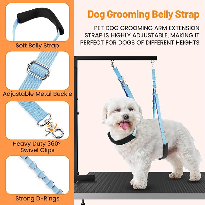 Dog Grooming Belly Strap - Dog Grooming Table Arm Extender with Clamp Extension Loop Bathing Restraint Leash No Sit Haunch Holder for Small & Medium Dogs Hair Cutting Washing (Blue)