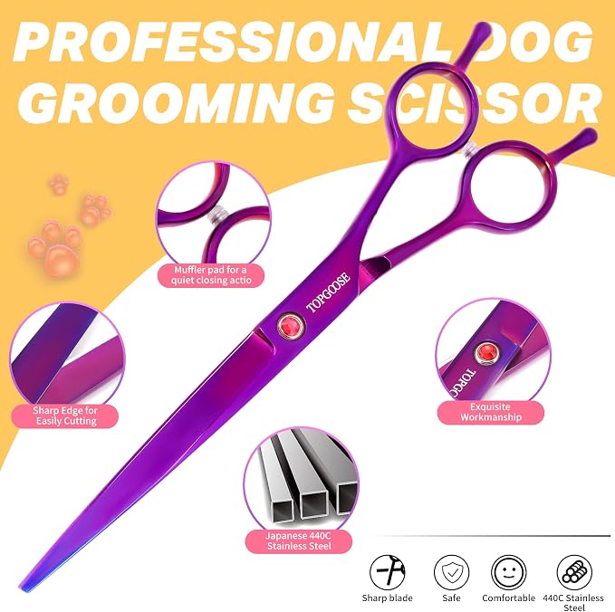 Dog Grooming Scissors Kit, Professional 6 in 1 Pet Scissors Sharp Shears Set - Straight, Thinning, Chunker, Curved Shears and Comb for Long Short Hair for Dog Cat (Set, Purple)
