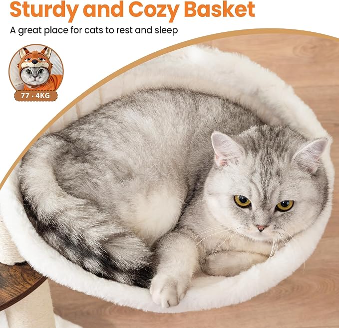 Modern Wood Cat Tree Tower for Indoor Large Cats, Cat Scratching Posts with Big Perch Bed, 44.8" Tall Multi-Level Wooden Cat Condo with Hammock, Removable Pads, Kitty Furniture, Greigy